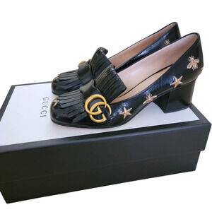 Gucci Marmont Bee Star GG Logo Black Fringe Loafer Pumps Heels Leather 6 36
